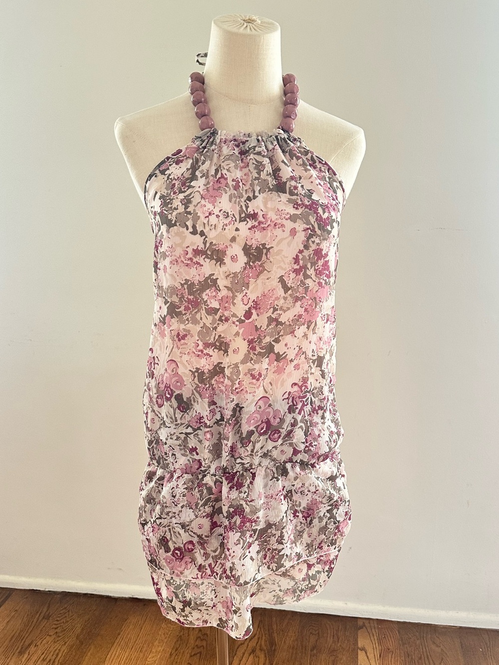 Piazza Italia Made in Italy Floral Halter Tunic Mini Dress Pink Cream L